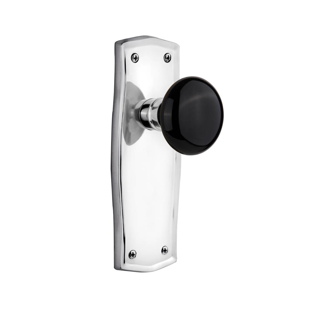 Nostalgic Warehouse PRABLK Complete Passage Set Without Keyhole Prairie Plate with Black Porcelain Knob in Bright Chrome